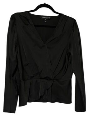 Monteau Black Satin Wrap Peplum Blouse